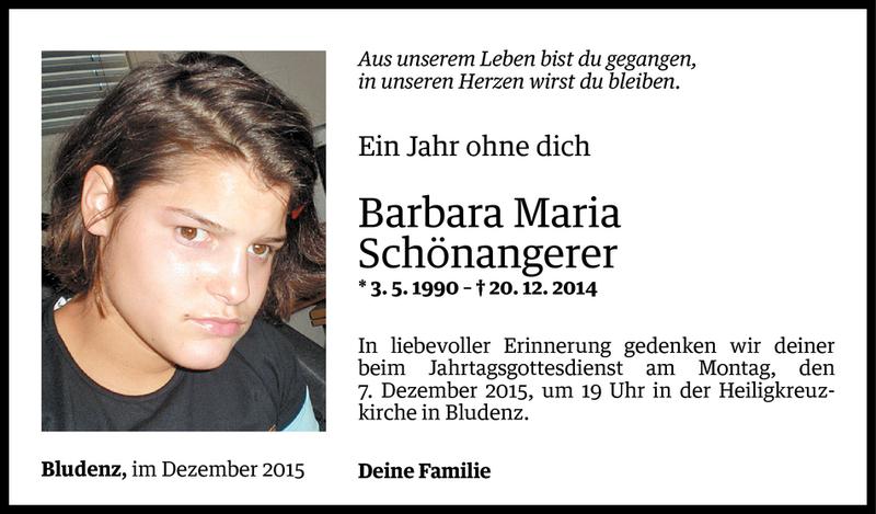  Todesanzeige für Barbara Maria Schönangerer vom 04.12.2015 aus Vorarlberger Nachrichten