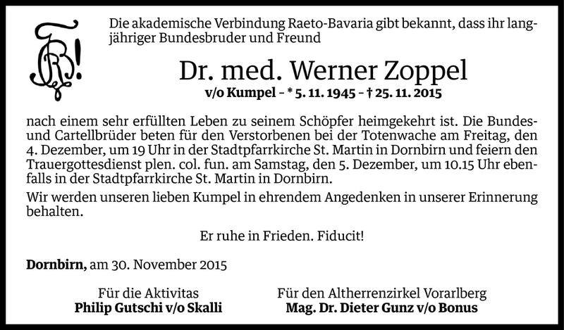  Todesanzeige für Werner Zoppel vom 01.12.2015 aus Vorarlberger Nachrichten