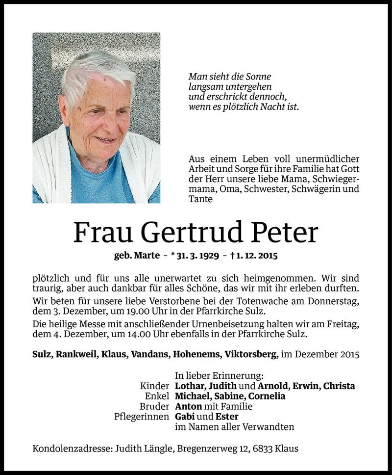  Todesanzeige für Gertrud Peter vom 02.12.2015 aus Vorarlberger Nachrichten