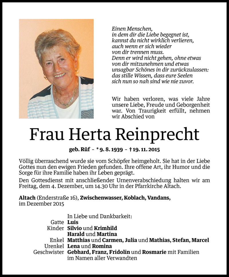  Todesanzeige für Herta Reinprecht vom 02.12.2015 aus Vorarlberger Nachrichten