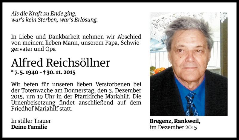  Todesanzeige für Alfred Reichsöllner vom 01.12.2015 aus Vorarlberger Nachrichten