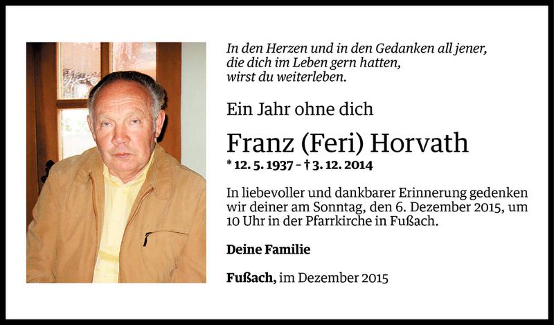  Todesanzeige für Franz Horvath vom 02.12.2015 aus Vorarlberger Nachrichten