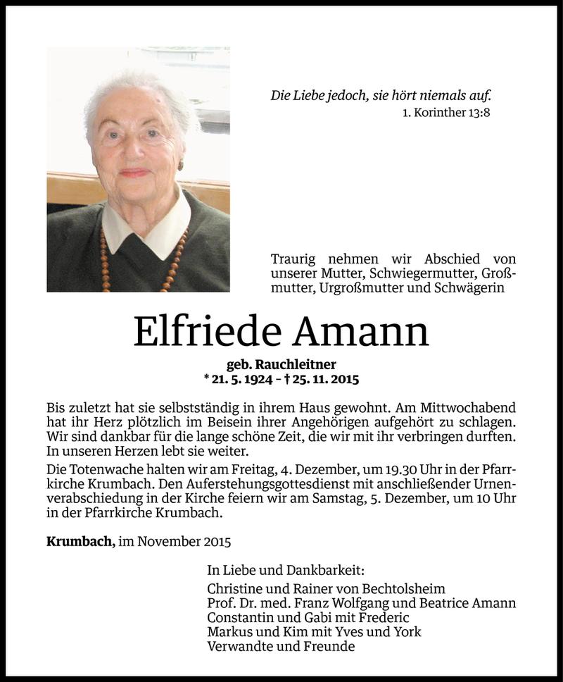  Todesanzeige für Elfriede Amann vom 02.12.2015 aus Vorarlberger Nachrichten