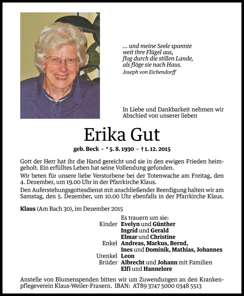  Todesanzeige für Erika Gut vom 03.12.2015 aus Vorarlberger Nachrichten