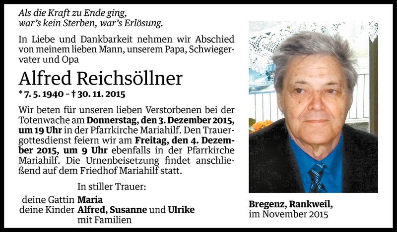  Todesanzeige für Alfred Reichsöllner vom 02.12.2015 aus Vorarlberger Nachrichten