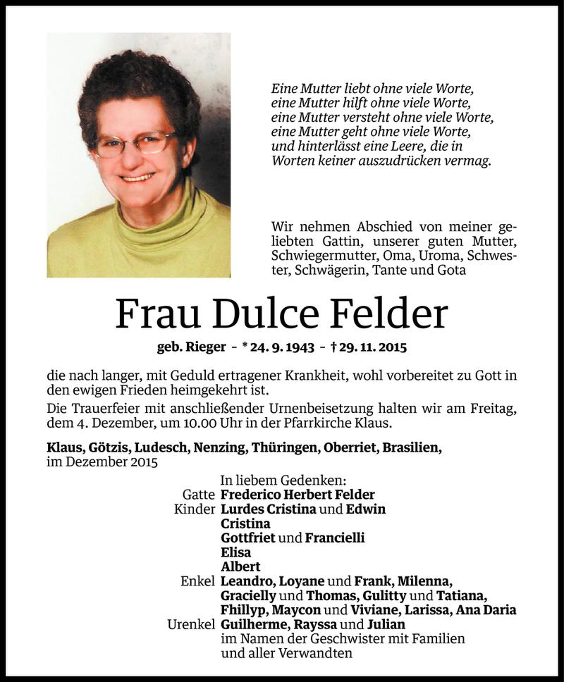  Todesanzeige für Dulce Felder vom 03.12.2015 aus Vorarlberger Nachrichten
