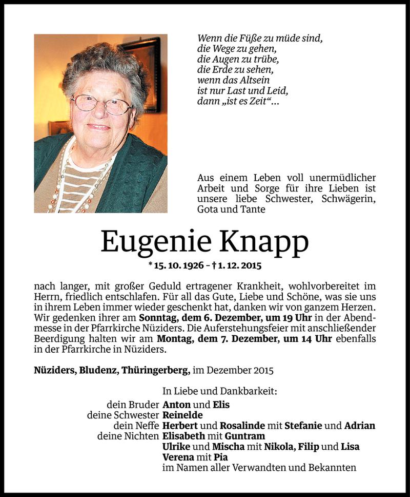  Todesanzeige für Eugenie Knapp vom 05.12.2015 aus Vorarlberger Nachrichten