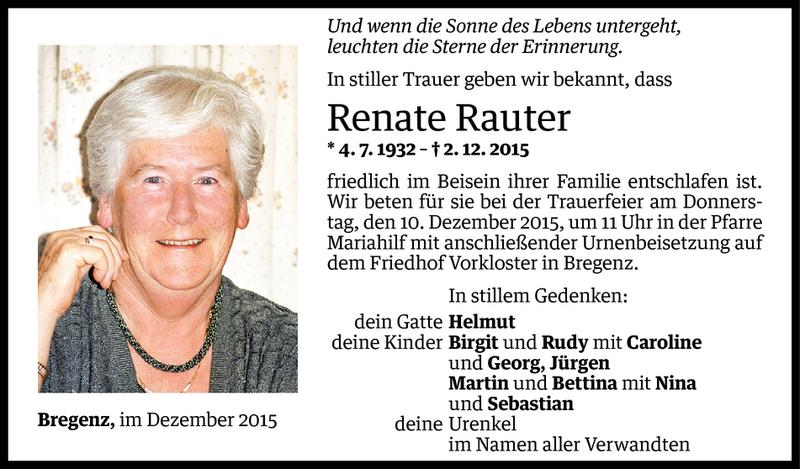  Todesanzeige für Renate Rauter vom 04.12.2015 aus Vorarlberger Nachrichten