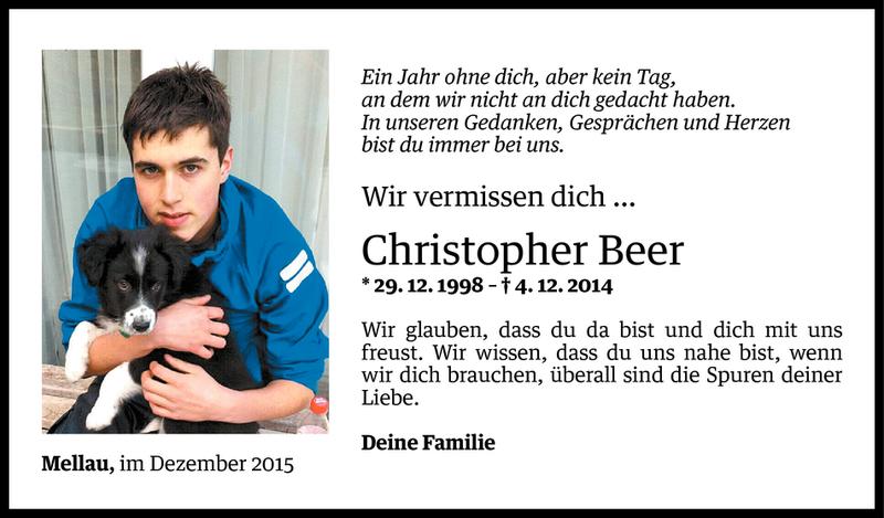  Todesanzeige für Christopher Beer vom 04.12.2015 aus Vorarlberger Nachrichten