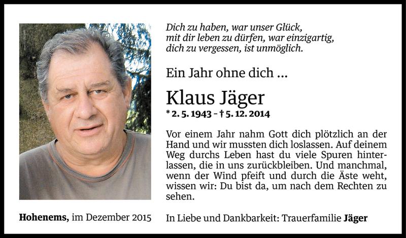  Todesanzeige für Klaus Jäger vom 04.12.2015 aus Vorarlberger Nachrichten