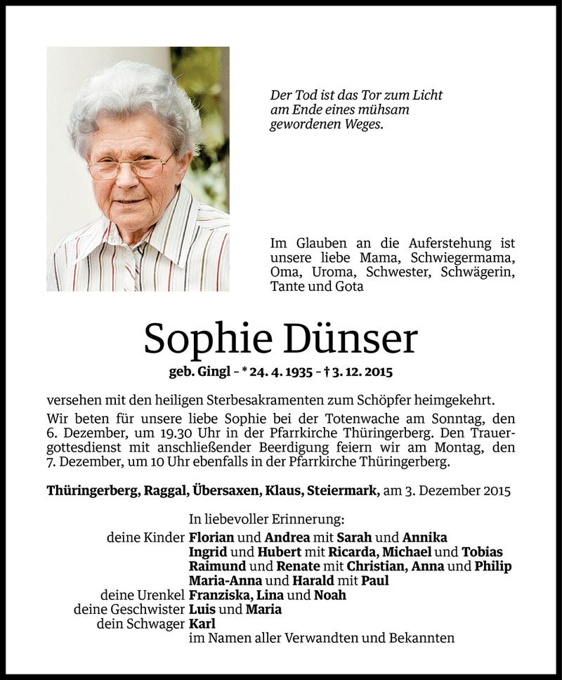  Todesanzeige für Sophie Dünser vom 04.12.2015 aus Vorarlberger Nachrichten