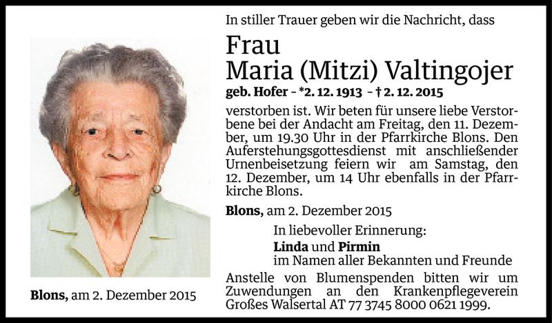  Todesanzeige für Maria Valtingojer vom 04.12.2015 aus Vorarlberger Nachrichten