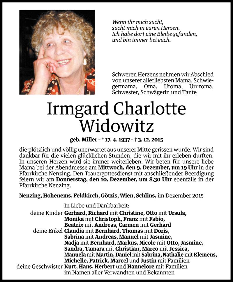  Todesanzeige für Irmgard Charlotte Widowitz vom 07.12.2015 aus Vorarlberger Nachrichten