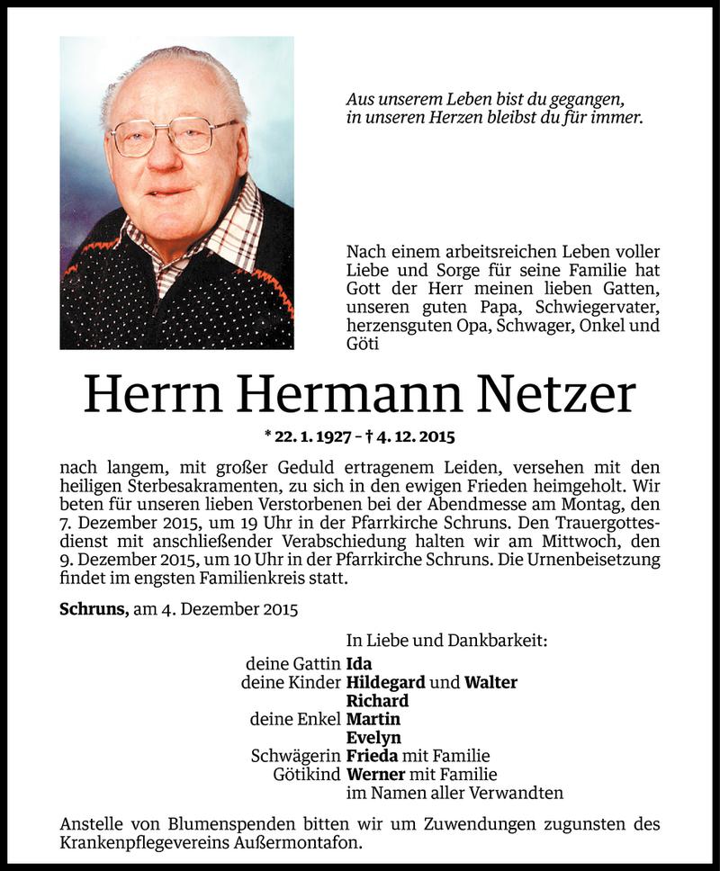  Todesanzeige für Hermann Netzer vom 06.12.2015 aus Vorarlberger Nachrichten