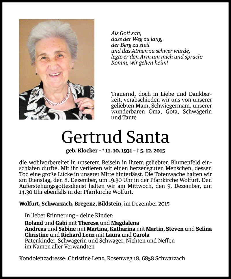  Todesanzeige für Gertrud Santa vom 06.12.2015 aus Vorarlberger Nachrichten