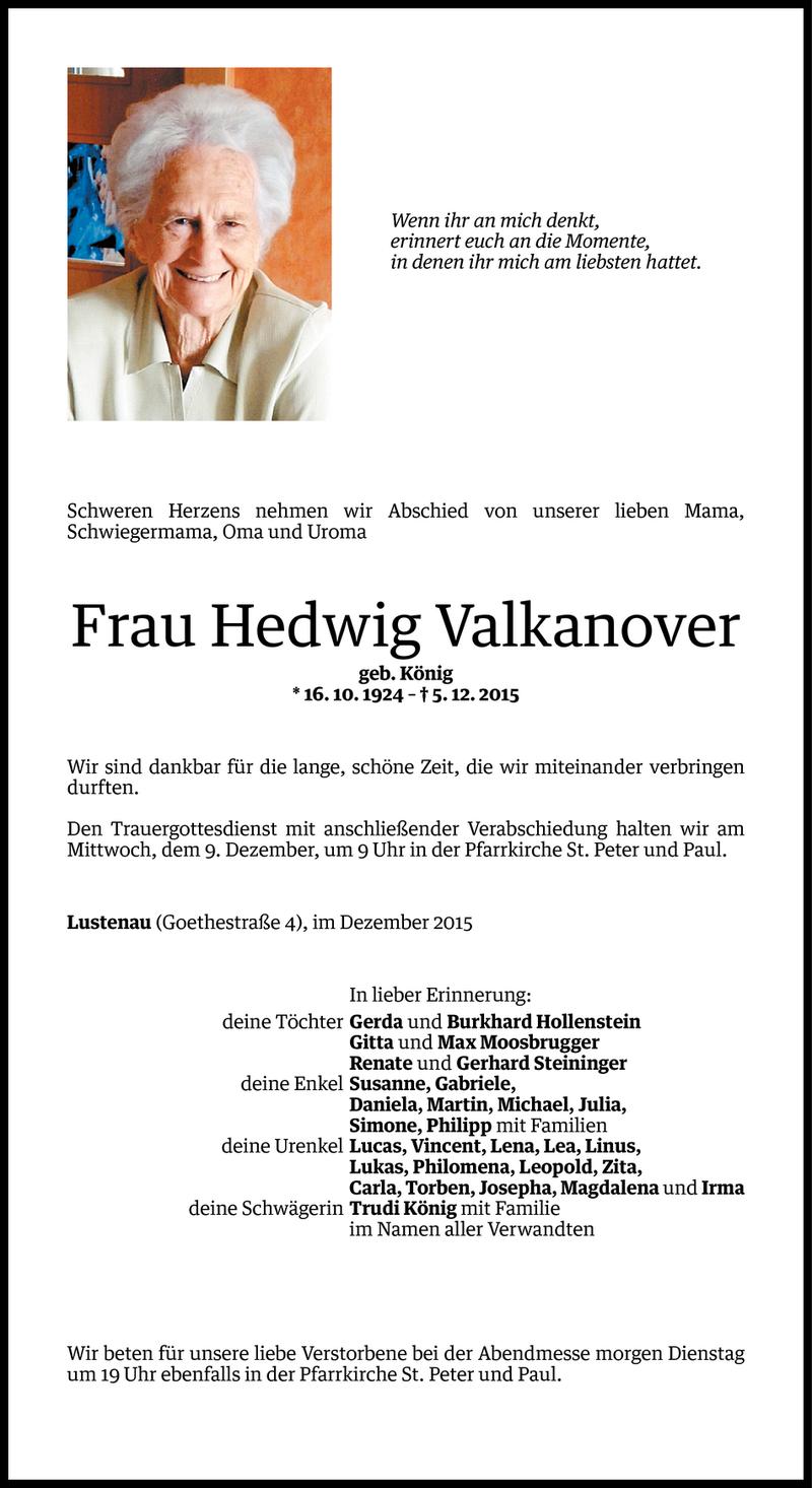  Todesanzeige für Hedwig Valkanover vom 06.12.2015 aus Vorarlberger Nachrichten