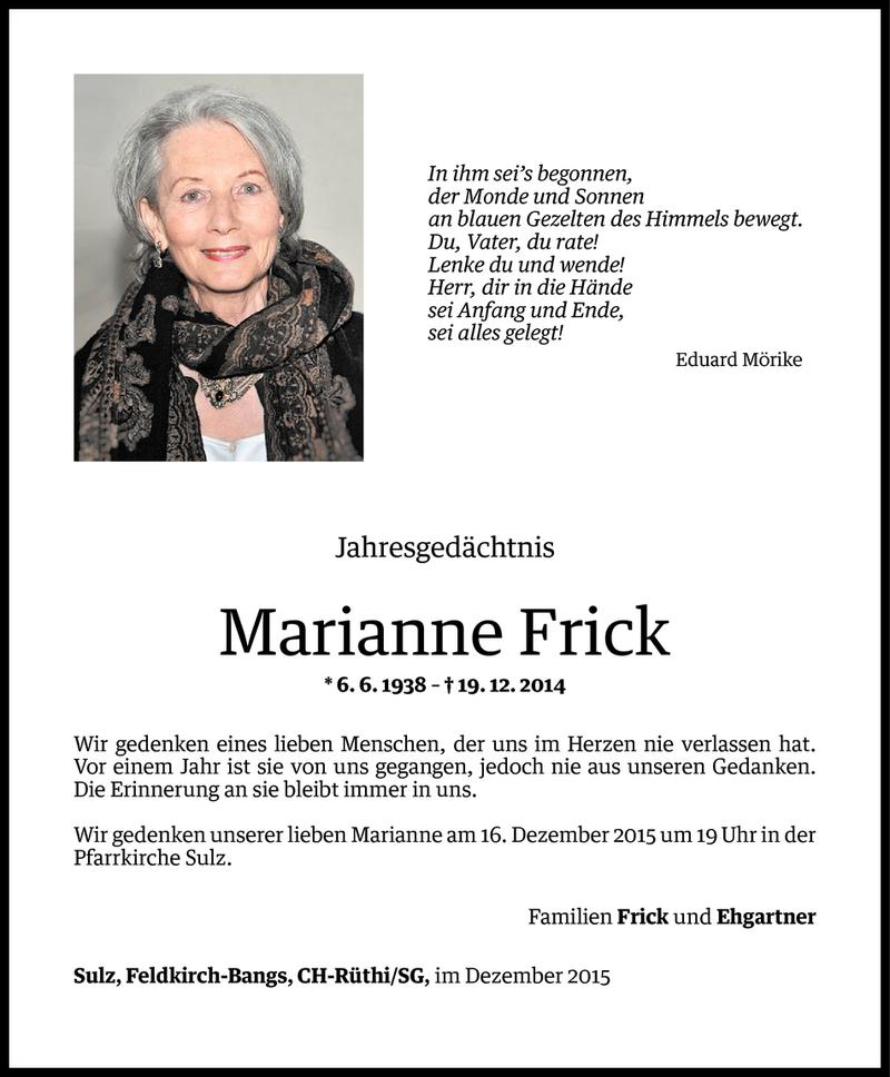  Todesanzeige für Marianne Frick vom 11.12.2015 aus Vorarlberger Nachrichten