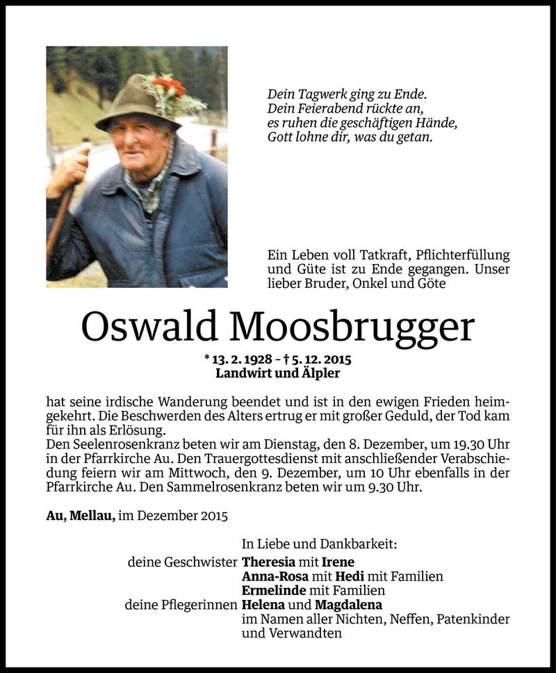  Todesanzeige für Oswald Moosbrugger vom 06.12.2015 aus Vorarlberger Nachrichten