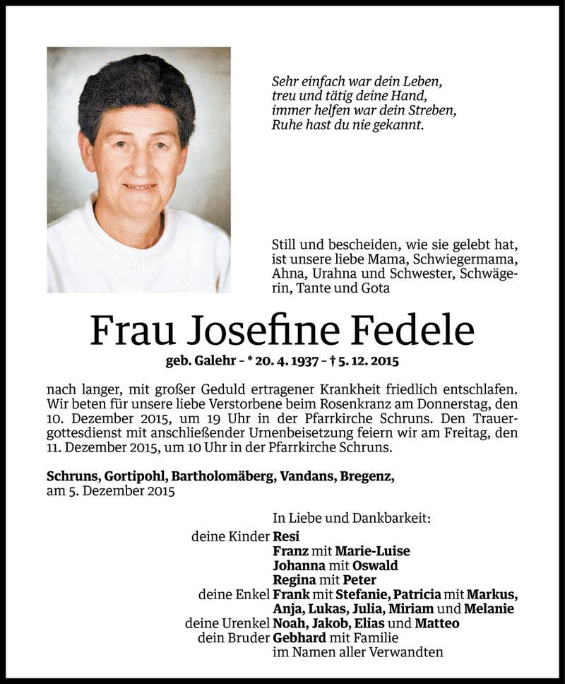  Todesanzeige für Josefine Fedele vom 08.12.2015 aus Vorarlberger Nachrichten