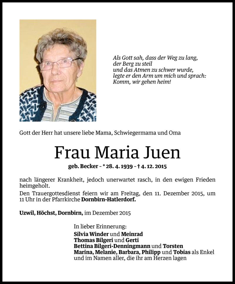  Todesanzeige für Maria Juen vom 08.12.2015 aus Vorarlberger Nachrichten