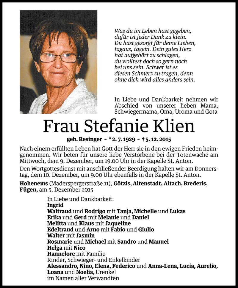  Todesanzeige für Stefanie Klien vom 09.12.2015 aus Vorarlberger Nachrichten