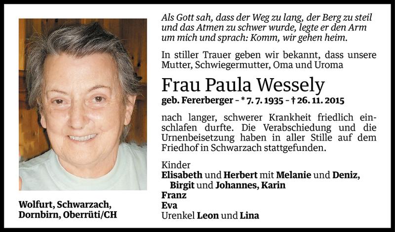  Todesanzeige für Paula Wessely vom 08.12.2015 aus Vorarlberger Nachrichten