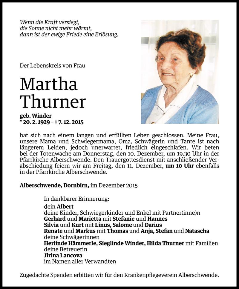 Todesanzeige für Martha Thurner vom 08.12.2015 aus Vorarlberger Nachrichten