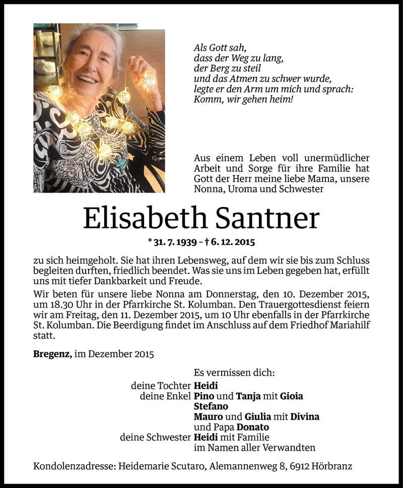  Todesanzeige für Elisabeth Santner vom 08.12.2015 aus Vorarlberger Nachrichten