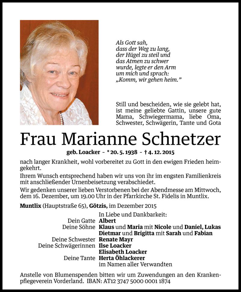  Todesanzeige für Marianne Schnetzer vom 12.12.2015 aus Vorarlberger Nachrichten