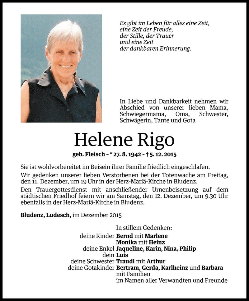  Todesanzeige für Helene Rigo vom 10.12.2015 aus Vorarlberger Nachrichten