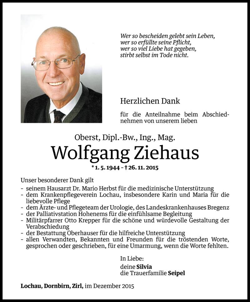  Todesanzeige für Wolfgang Ziehaus vom 11.12.2015 aus Vorarlberger Nachrichten