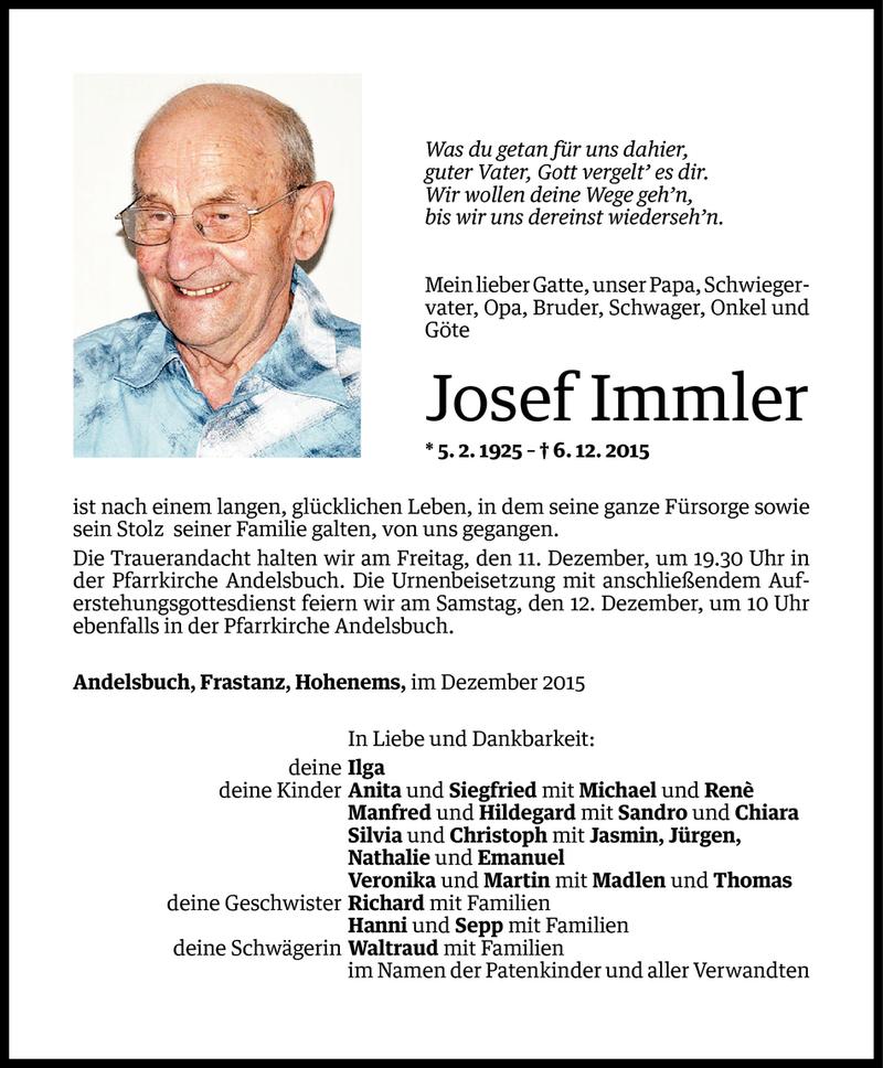  Todesanzeige für Josef Immler vom 09.12.2015 aus Vorarlberger Nachrichten