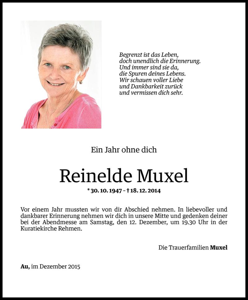  Todesanzeige für Reinelde Muxel vom 09.12.2015 aus Vorarlberger Nachrichten