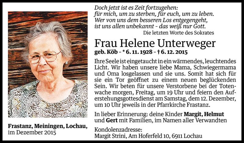  Todesanzeige für Helene Unterweger vom 09.12.2015 aus Vorarlberger Nachrichten