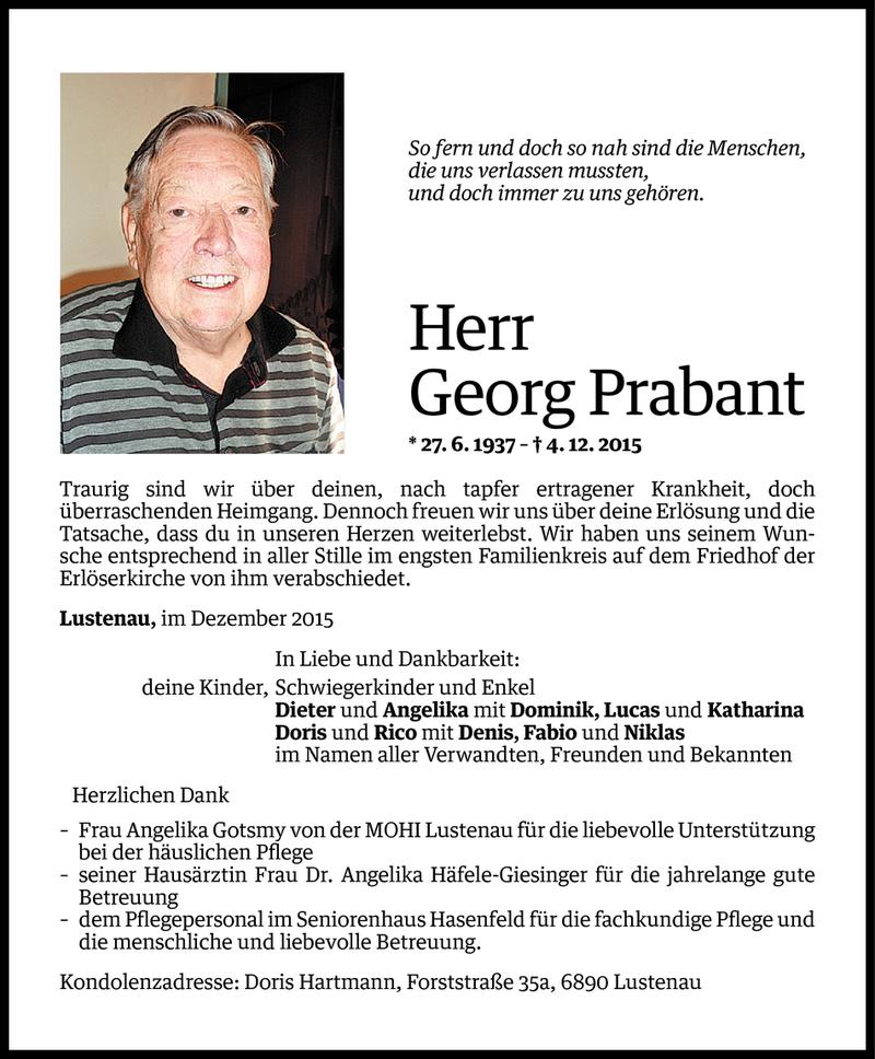  Todesanzeige für Georg Prabant vom 11.12.2015 aus Vorarlberger Nachrichten