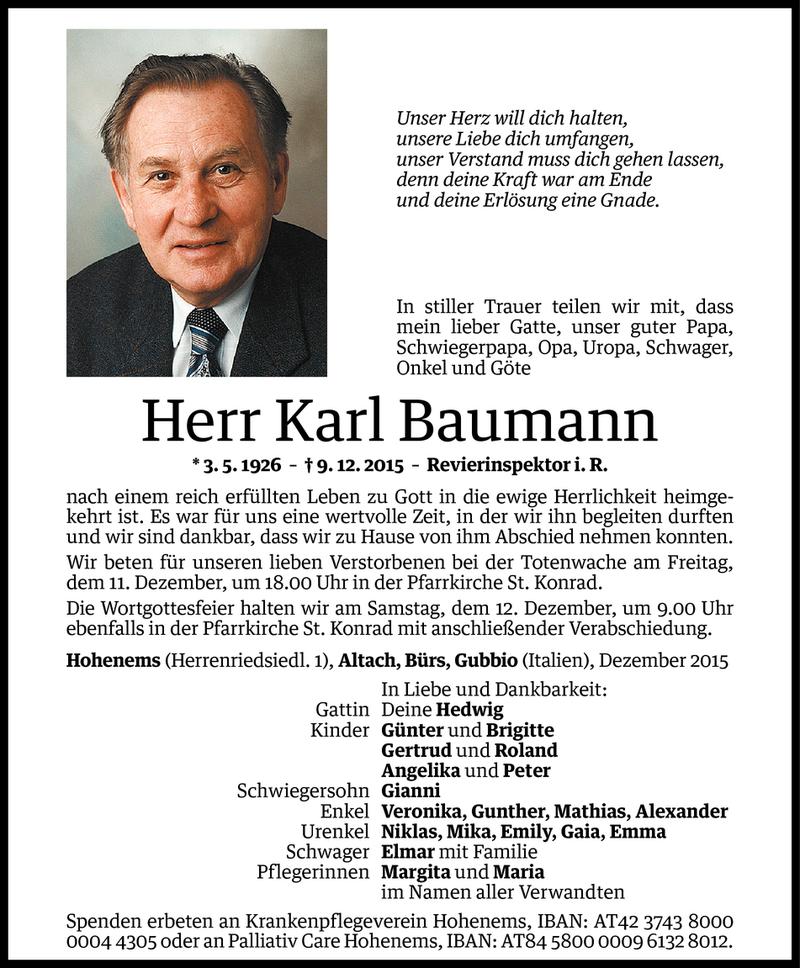  Todesanzeige für Karl Baumann vom 10.12.2015 aus Vorarlberger Nachrichten