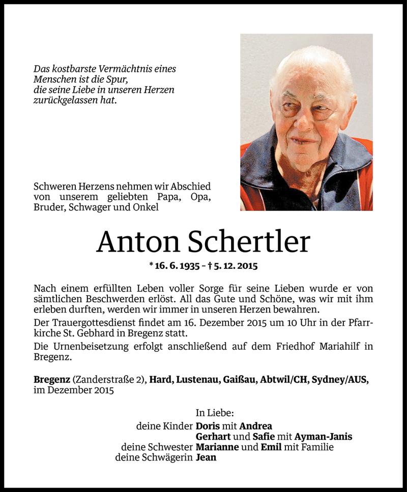  Todesanzeige für Anton Schertler vom 11.12.2015 aus Vorarlberger Nachrichten