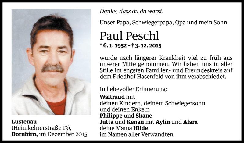  Todesanzeige für Paul Peschl vom 11.12.2015 aus Vorarlberger Nachrichten