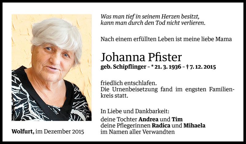  Todesanzeige für Johanna Pfister vom 14.12.2015 aus Vorarlberger Nachrichten