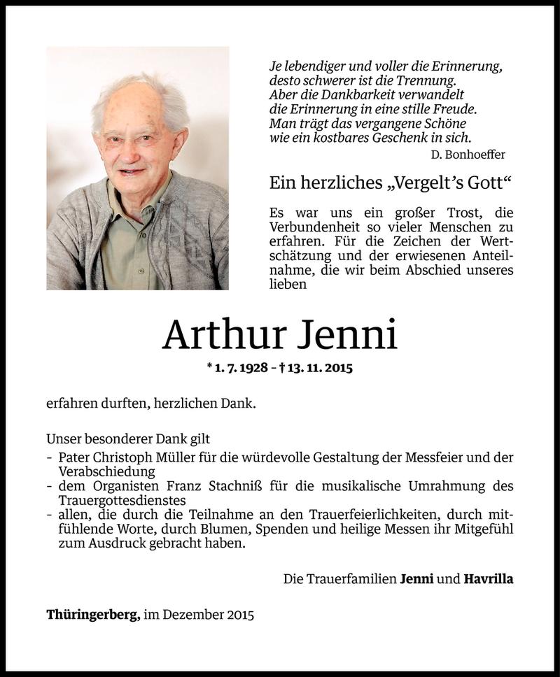  Todesanzeige für Arthur Jenni vom 10.12.2015 aus Vorarlberger Nachrichten