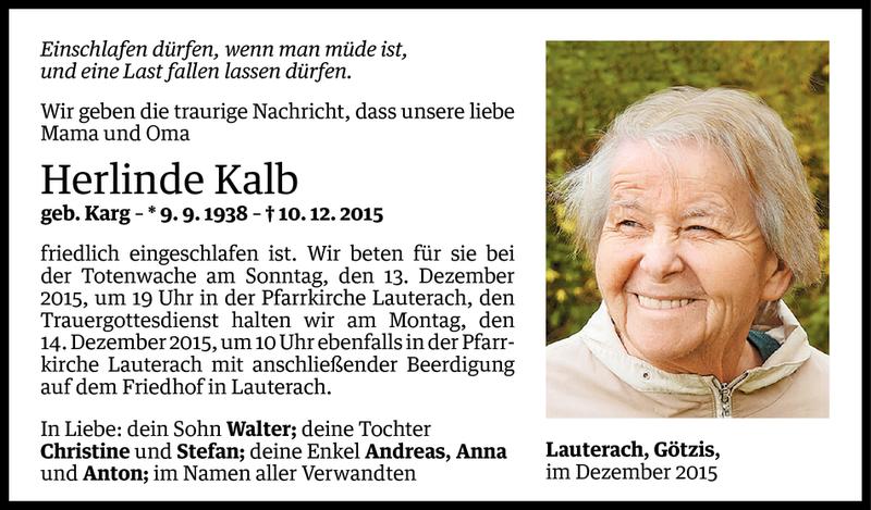  Todesanzeige für Herlinde Kalb vom 10.12.2015 aus Vorarlberger Nachrichten