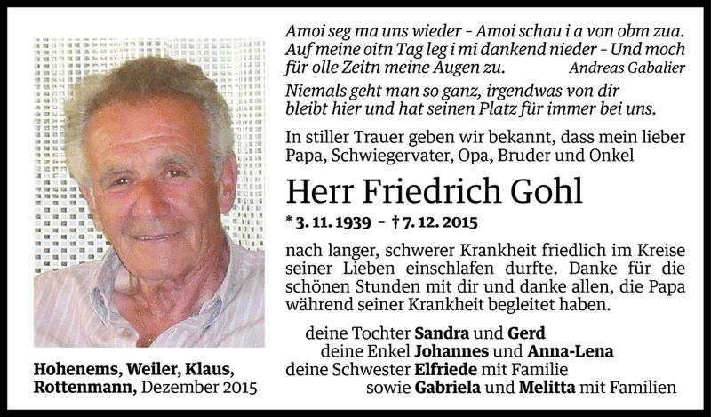  Todesanzeige für Friedrich Gohl vom 15.12.2015 aus Vorarlberger Nachrichten