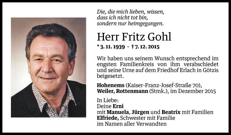  Todesanzeige für Friedrich Gohl vom 15.12.2015 aus Vorarlberger Nachrichten