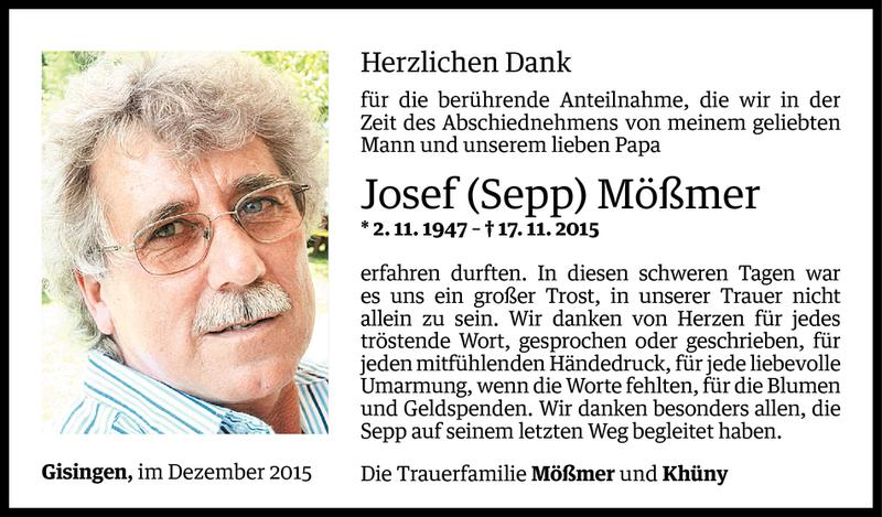  Todesanzeige für Josef Mößmer vom 11.12.2015 aus Vorarlberger Nachrichten