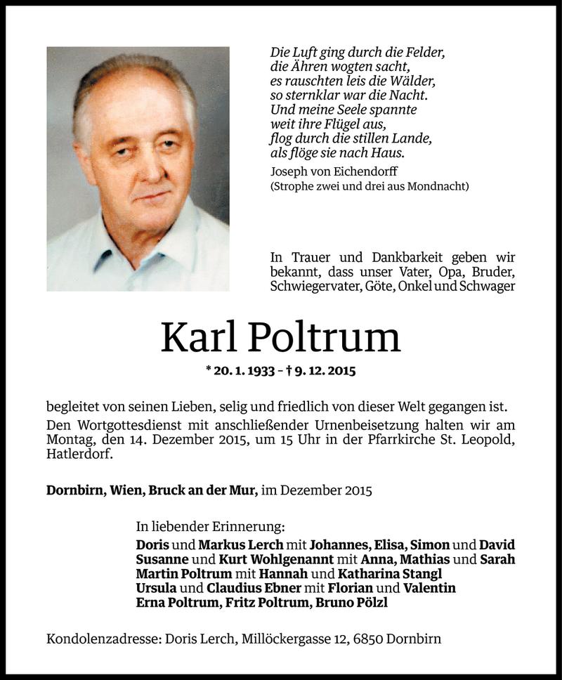  Todesanzeige für Karl Poltrum vom 11.12.2015 aus Vorarlberger Nachrichten