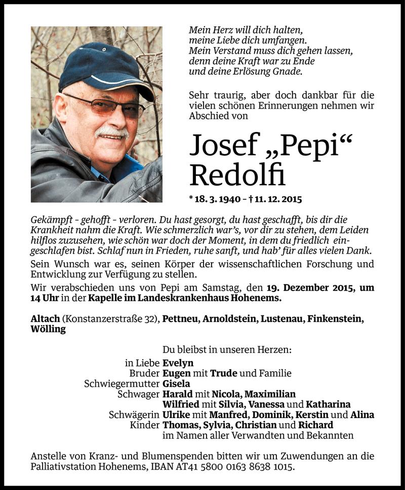  Todesanzeige für Josef Redolfi vom 13.12.2015 aus Vorarlberger Nachrichten