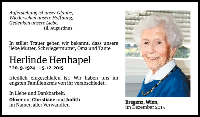  Todesanzeige für Herlinde Henhapel vom 18.12.2015 aus Vorarlberger Nachrichten