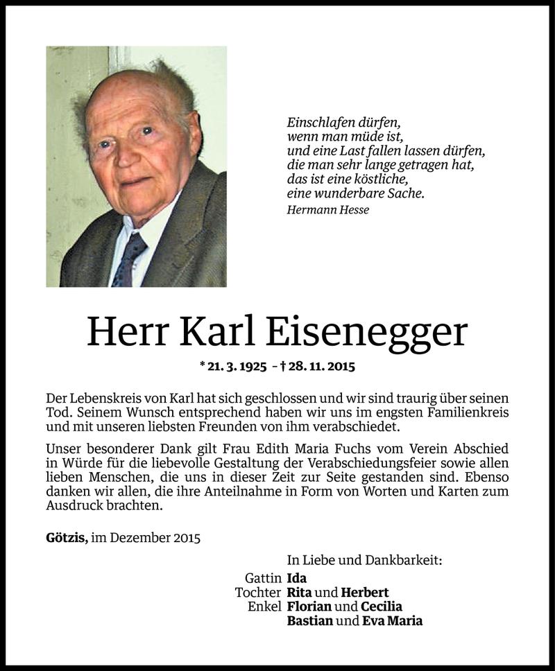  Todesanzeige für Karl Eisenegger vom 15.12.2015 aus Vorarlberger Nachrichten
