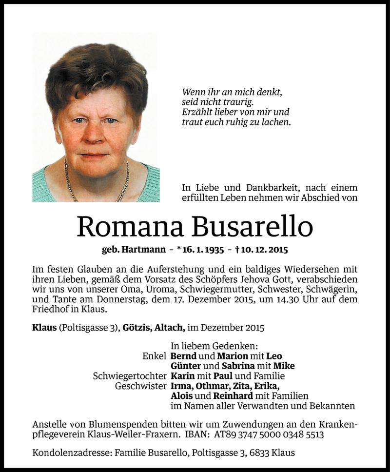  Todesanzeige für Romana Busarello vom 15.12.2015 aus Vorarlberger Nachrichten