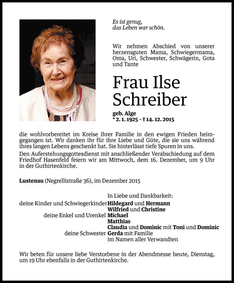  Todesanzeige für Ilse Schreiber vom 14.12.2015 aus Vorarlberger Nachrichten